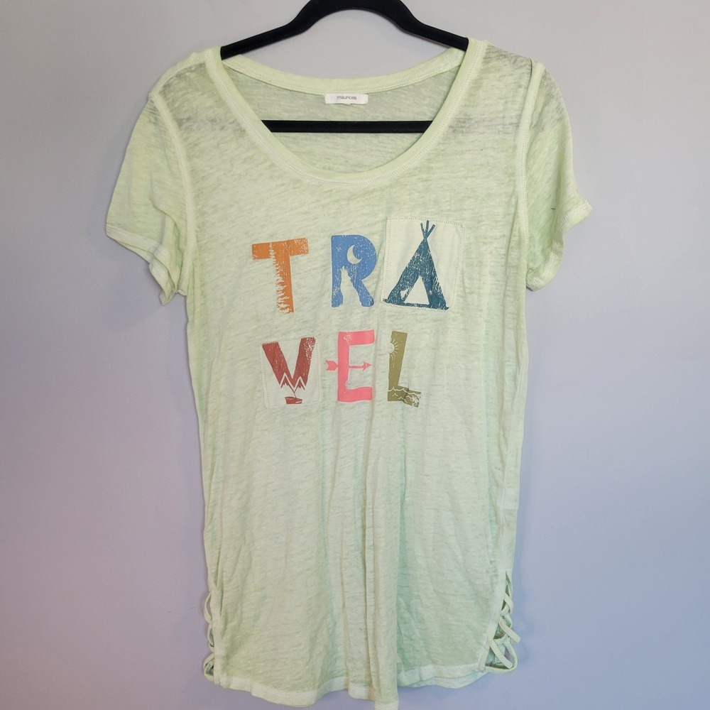 Maurices Womens Green Travel Graphic Burnout T-Shirt Side Lace Up Size M